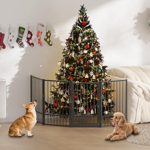 Full Metal Freestanding Dog Gate with Door (【4 Panels】80"W*36H" / Black)