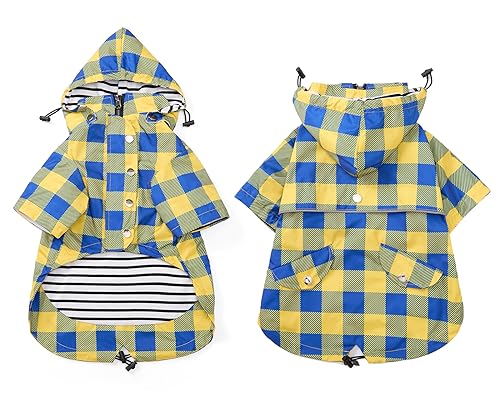 Dog rain Coat Waterproof Raincoat Puppy Jacket with Legs Buttons Zipper Hood Drawstring Fit for Yorkie Terrier Schnauzer Poodle Border Collie Labrador Golden Retriever 8lbs to 80lbs Yellow L (Large / Yellow Plaid)