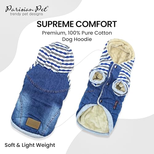 Basic Hoodie Lightweight Denim Striped Sweatshirt for Dogs with Leash Hole and Pockets (S / Denim Striped Hoodie Blue)