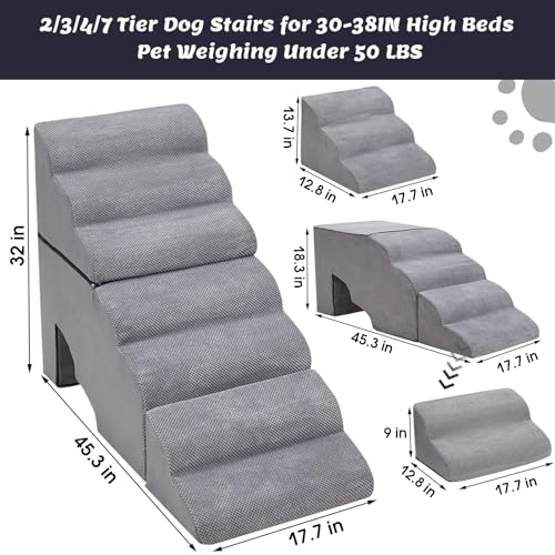 7 Step 33D Foam Dog Stair for High Beds 32 inches Tall (Grey 32" H)