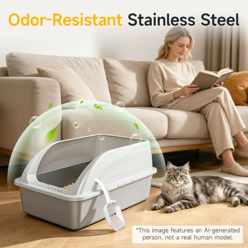 XL Open Top Stainless Steel Litter Box with High Sides (Light Gray-1Pack)