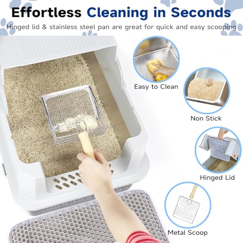 TENTIZON Stainless Steel Cat Litter Box with Lid (Light Grey)