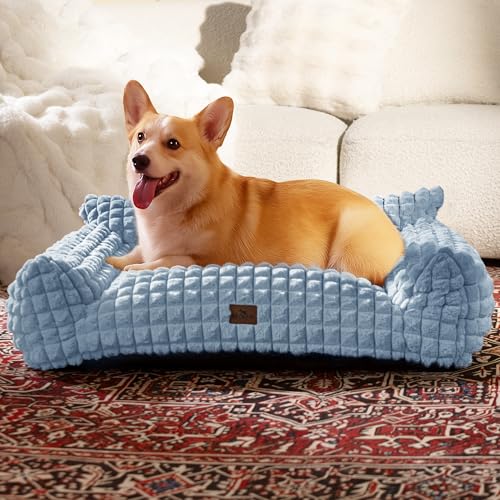 Cat Couch Bed with Fluffy Faux Rabbit Fur for Indoor Cats (Light Blue / Large: 36"L x 27"W x 10"Th)