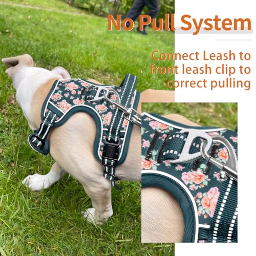 Dog Harness Reflective (L / Flower Blackish Green)