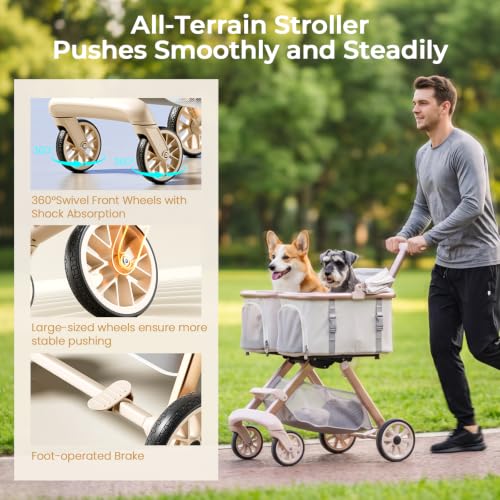 Double Pet Stroller with Detachable Carriers (Beige)