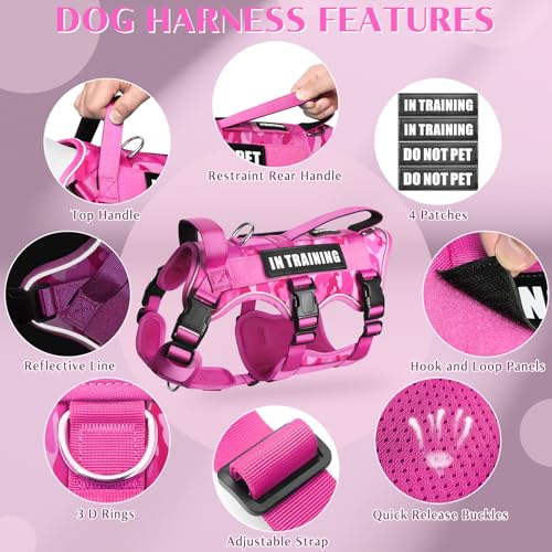 Escape Proof Dog Harness with Double Handle+4 Removable Patches (X-Large / Camo Pink)