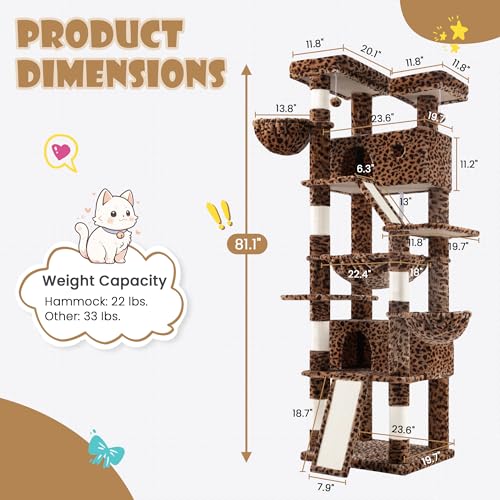 81in Multi Level Tall Cat Tree Tower for Indoor Kitties (Leopard Print)