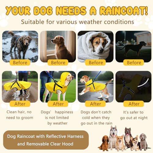 Dog Raincoat Dog Rain Jacket with Reflective Harness & Removable Hood (Small)