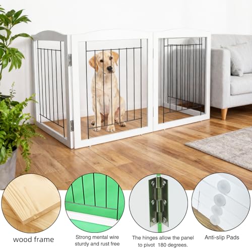 Freestanding Foldable Dog Gate for House Extra Wide Wooden White Indoor Puppy Gate Stairs Dog Gates Doorways Tall Pet Gate 4 Panels Fence (White / 【4 Panels】80''w x 24''h)