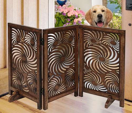 Freestanding Pet Gate for Dogs (Burnt / 48x28" 3 Panel Sun Flower)