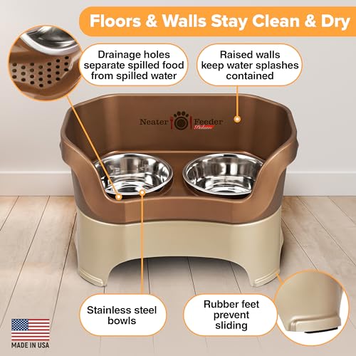 Neater Feeder Deluxe Mess Proof Dog Bowls Elevated for Large Dogs Over 40 lbs (Large with Standard Bowl / Bronze)