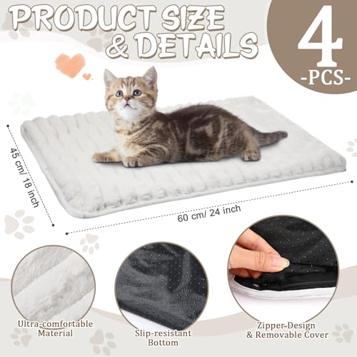 4 Pack Self Warming Cat Bed 24"x18" Self Heating Dog Cat Pad Bulk Crate Mat Extra Warm Thermal Big Pet Pad for Indoor Outdoor Pets Houses with Removable Washable Cover Non Slip (White)