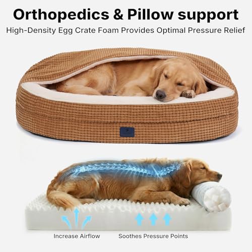 2-in-1 Dog Cave Bed with Cover, Covered Dog Bed for Large Dogs (Brown / 48"L x 35"W x8"Th)