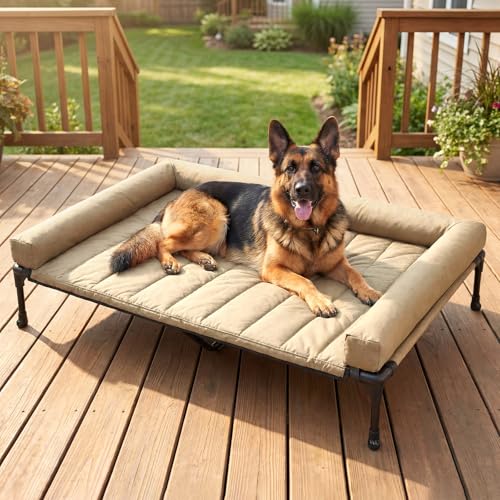 Outdoor Elevated Dog Bed with Waterproof Bolster Cushion (Beige Coffee / 53.0"L x 37.5"W x 9.0"Th)