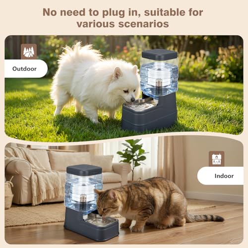 1.6 Gallon Pet Automatic Dog Water Dispenser Cat Gravity Waterer Feeder with Stainless Steel Bowl 8L Large Capacity Puppy Feeding Raised Bowls with Filter (Charcoal Gray / 6L(1.6 Gallon))