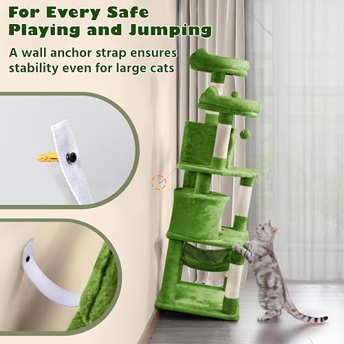62.5inches Cat Tree Cat Tower Kitten Condo with Platform & Hammock (62.5in / Green)