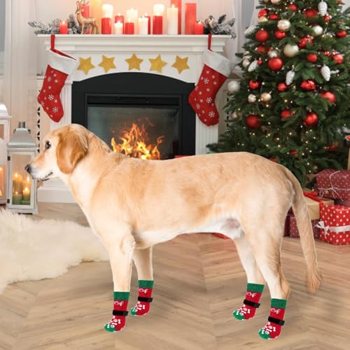 Anti Slip Dog Socks for Hot (Red&green With Woof / Medium (4 Pack))