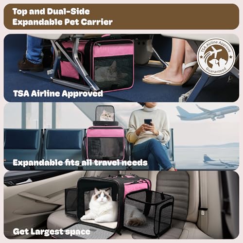 Top and 2 Sides Expandable Cat Carrier 18x11x11 TSA Airline Approved (Pink / 18.0"L x 11.0"W x 11.0"H)