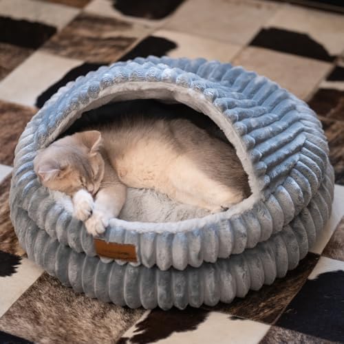 Cat Cave Bed for Indoor Cats Covered Hooded Pet Bed with Cushion (Dark Blue)