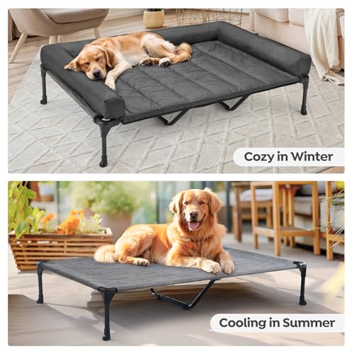 Outdoor Elevated Dog Bed with Waterproof Bolster Cushion (Black Silver / 59.0"L x 37.5"W x 9.0"Th)