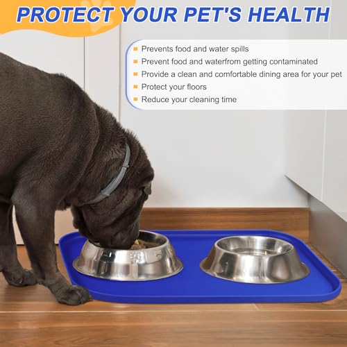 Waterproof Silicone Pet Food Mat with Raised Edge for Dog & Cat (Navy Blue / 19"L x 12"W)