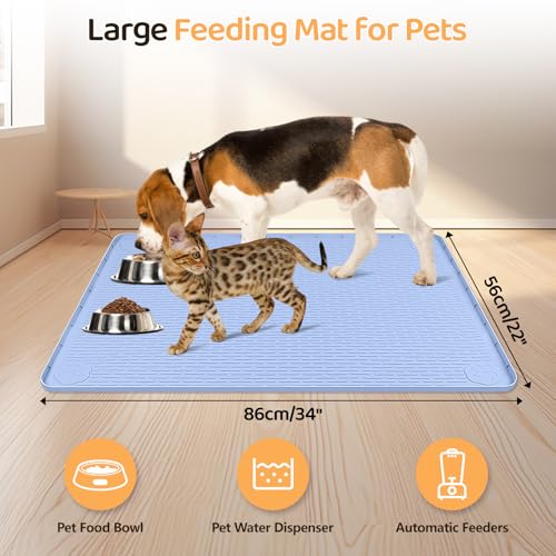 Dog Food Mat 34''x22'' Extra Large Dog Mat for Food and Water (34"L x 22"W / Blue)