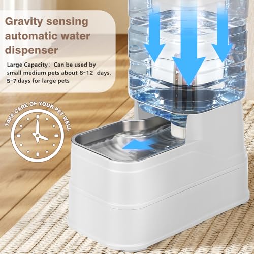 1.1 Gallon Pet Automatic Dog Water Dispenser Cat Gravity Waterer Feeder with Stainless Steel Bowl 8L Large Capacity Puppy Feeding Raised Bowls with Filter (White / 4L(1.1 Gallon))