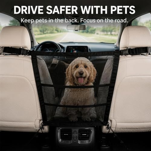 Dog Car Barrier Pet Backseat Net Barrier for Cars SUVs and Trucks Vehicle Dog Barrier Block Pets Safe Driving Protector with Mesh Storage