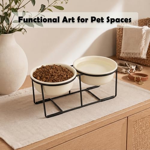 Elevated Ceramic Dog Bowl Set (Beige / L × 2)