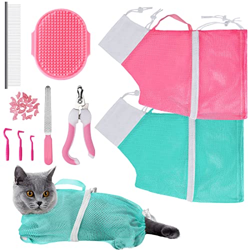 10 PCS Cat Washing Bag for Bath Shower Adjustable Net Grooming Set (Pink+Green)