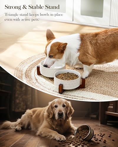 Dog Bowl Set Ceramic Bowls with Walnut Wood Stand (Five-leaf Grass+Honeycomb / 4 Cups)