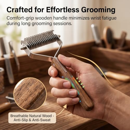 2 Sided Undercoat Rake for Dogs and Cats (L / Wood color)