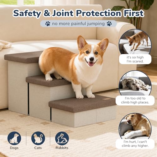 3 Step Wide Dog Stairs with Hidden Storage 18" H (Brown / 30"D x 17"W x 17.7"H)