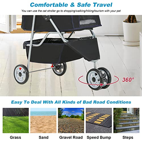 3 Wheel Foldable Pet Stroller (Black / 3 Wheels)