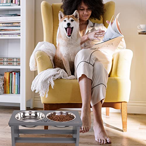 Elevated Dog Bowl Stand with 2 Stainless Steel Bowls (medium-7"tall,29 Oz bowl / Grey)