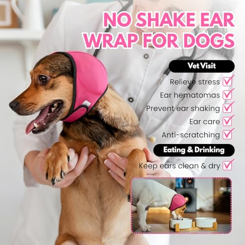 Waterproof Ear Covers for Bath & No Flap Ear Wraps for Dogs (A-PINK / M(Head Circle:15-19))