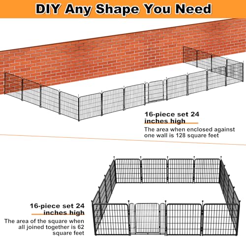 24 in(H) Decorative Garden Fence with Gate,16 Panels Total 31.4 Ft(L) Heavy Duty Iron Animal Barrier Fence for Yard,Suitable for Indoor Pet Or Outdoor Dog Fencing, Garden Border Fence (24''(H)-16panels-31.4ft(L))