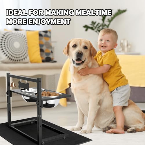 Elevated Dog Bowls with Slow Feeder and Spill Proof Mat (Black - Metal Slow Bowl & Mat / Large Dogs)