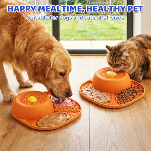 Slow Feeder Dog Bowls with Rolling Ball & Lick Mat (Orange)