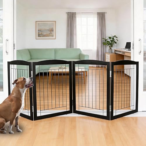 Freestanding Foldable Dog Gate for House Extra Wide Wooden Black Indoor Puppy Gate Stairs Dog Gates Doorways Tall Pet Gate 4 Panels Fence (Black / 【4 Panels】80''w x 24''h)