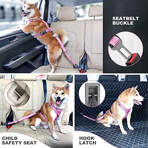 Dog Seatbelt Adjustable Reflective Bungee Harness with Aluminum Swivel Carabiner (Pink)