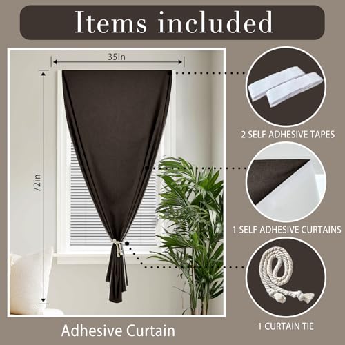 100% Blackout Self Adhesive Curtains Portable Curtain Simple and Easy to install Bedroom Window Thermal Lnsulated Kitchen Room Darkening Black Small Drapes (34"W x 72"L (Pack of 1) / Dark Brown)