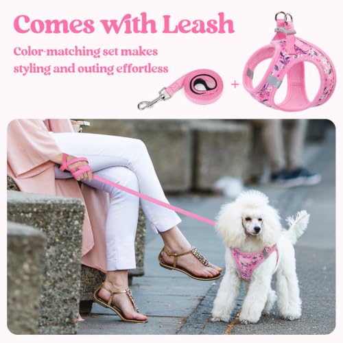 Dog Harness Medium Sized and Leash Set (Pink Floral / M (chest: 16 - 18.5"))