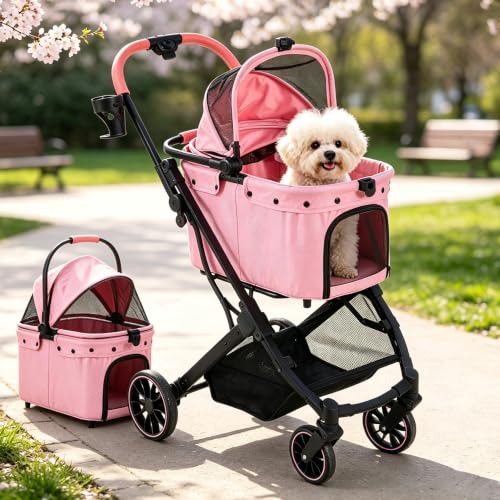 Dog Stroller for Small to Medium Dogs with Detachable Carrier (Sakura Pink)