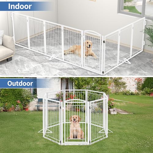 Full Metal Freestanding Dog Gate with Cat Door for Indoor & Outdoor (White / 【8 Panels with Door】160"W×32"H)