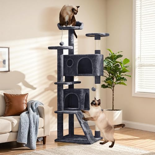 62in Cat Tree with 2 Condos Sisal Scratching Post Sturdy Tower (Dark Gray / 62in)