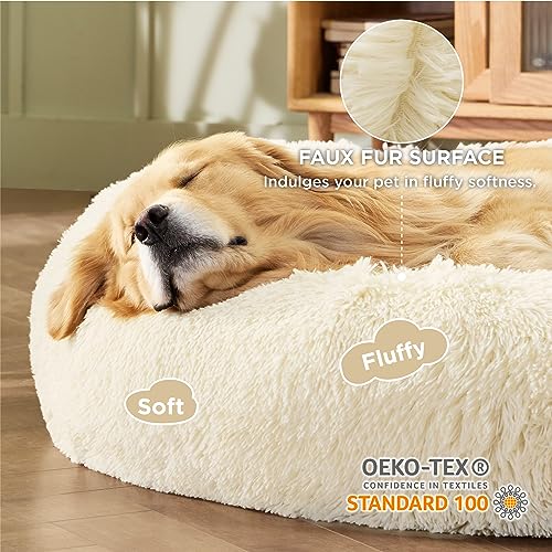 Calming XL Dog Bed Donut Washable Extra Large Pet Bed (45"L x 45"W x 10"Th / Ivory Beige)