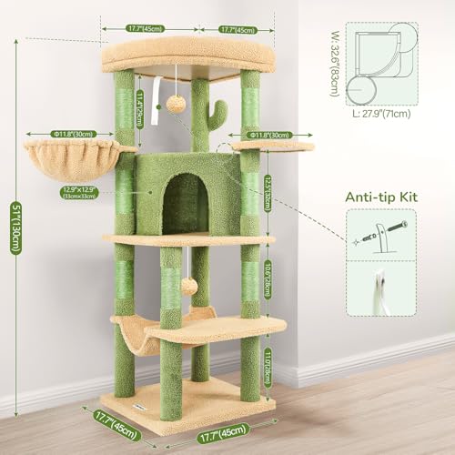 Cactus Corner Cat Tree Tower with Scratching Post (51inch / Cactus Green)