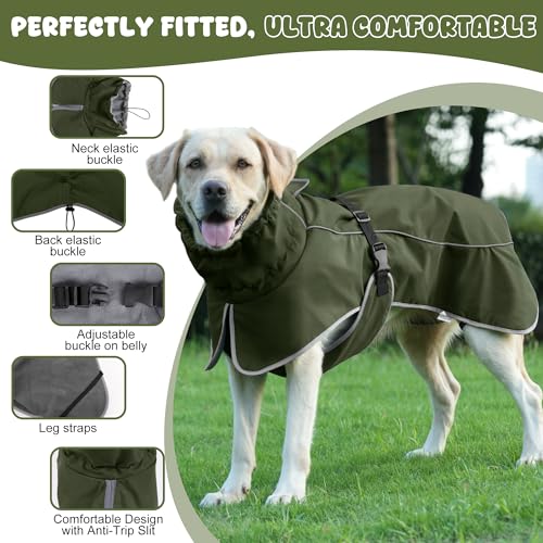Dog Raincoat Waterproof Dog Coat with Polar Fleece Lining (Army Green / Large)
