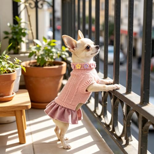 Small Dog Sweater Dress with Bowtie Turtleneck (X-Small (2-5lbs) / Dusty Pink)